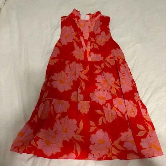 Floral sleveless babydoll boutique dress two Cumberland pink red flowers Size M - Picture 2 of 6